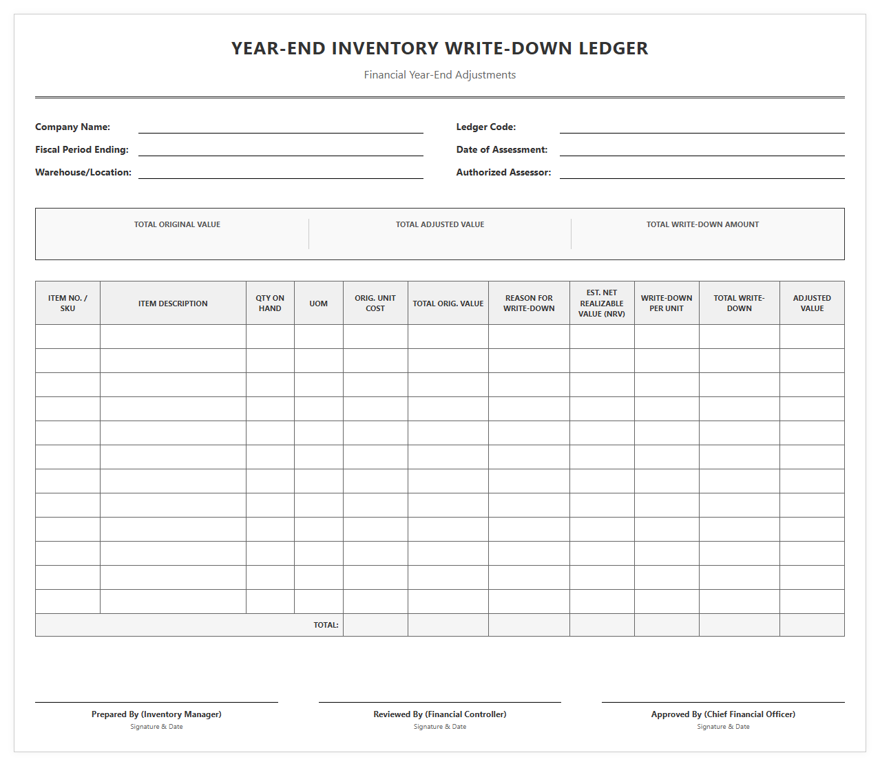 Year-End Inventory Write-Down Ledger Book