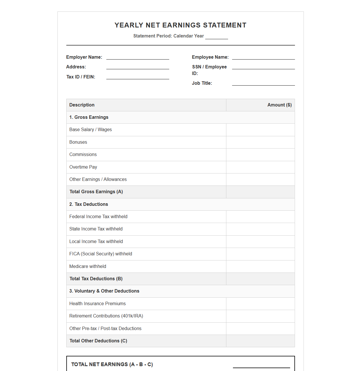 Yearly Net Earnings Statement Template