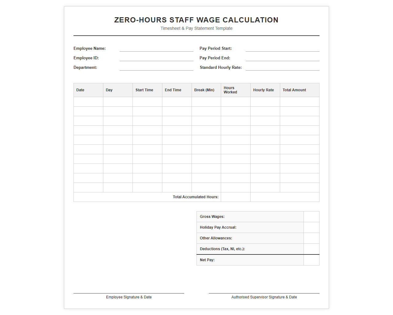 Zero-Hours Staff Wage Calculation Template