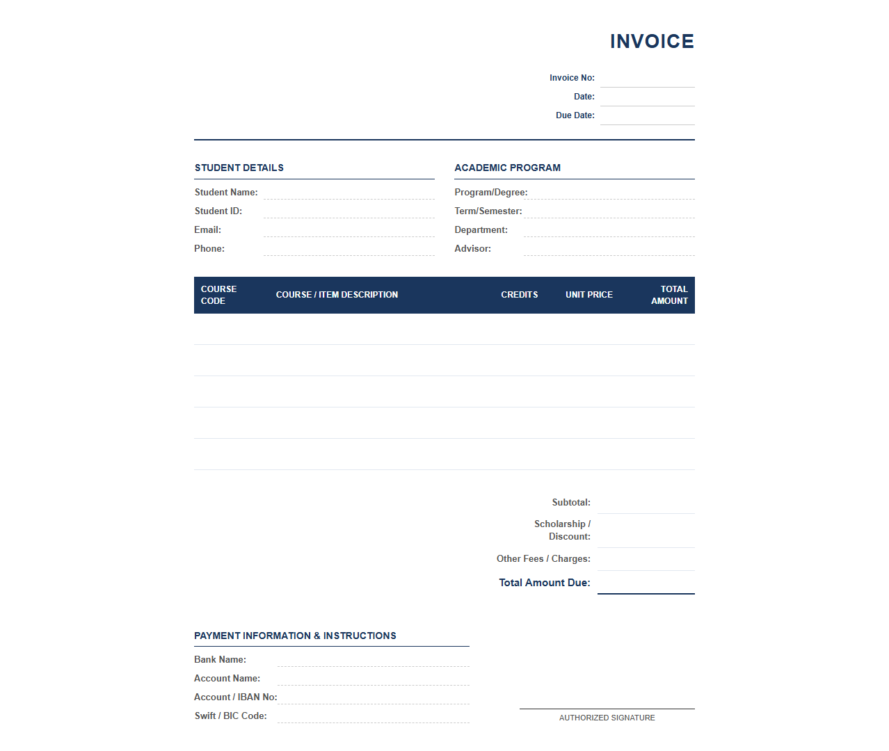 Academic Course Tuition Fee Invoice