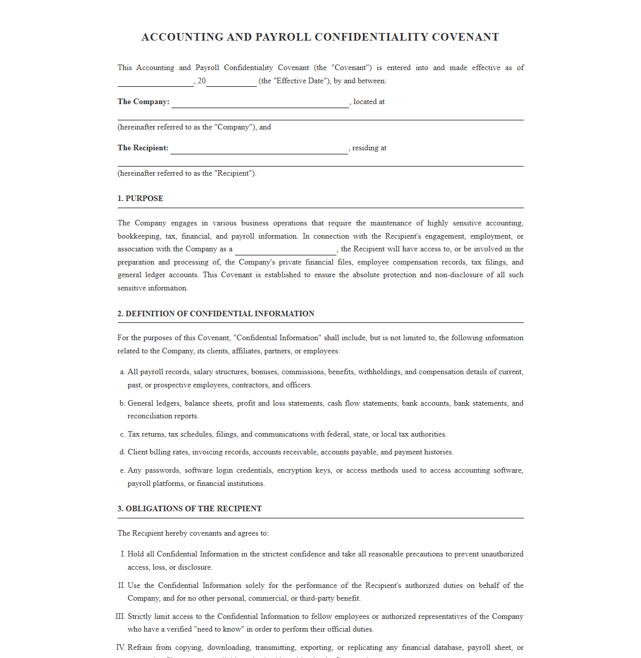 Accounting and Payroll Confidentiality Covenant