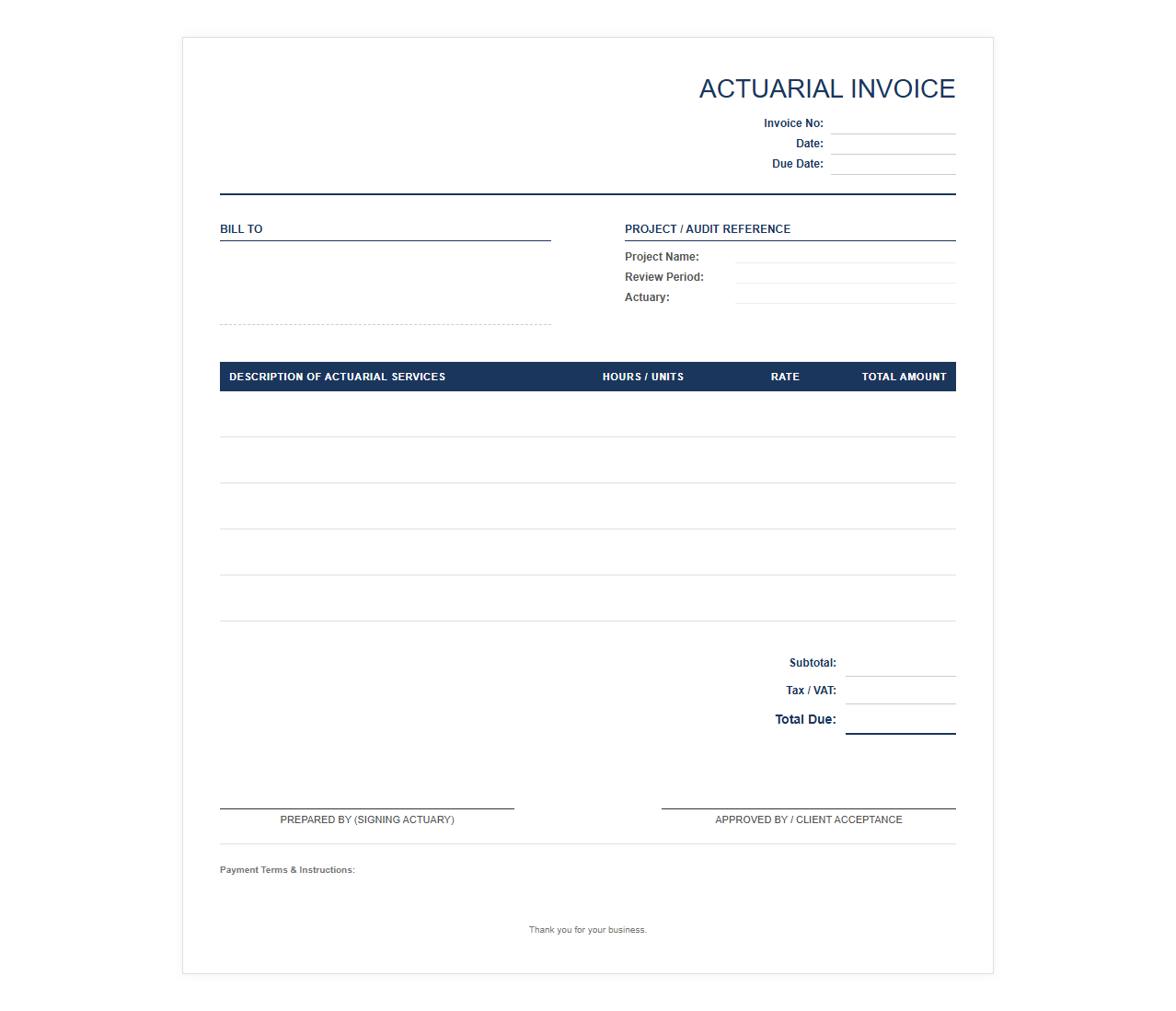 Actuarial Audit and Reporting Invoice Template