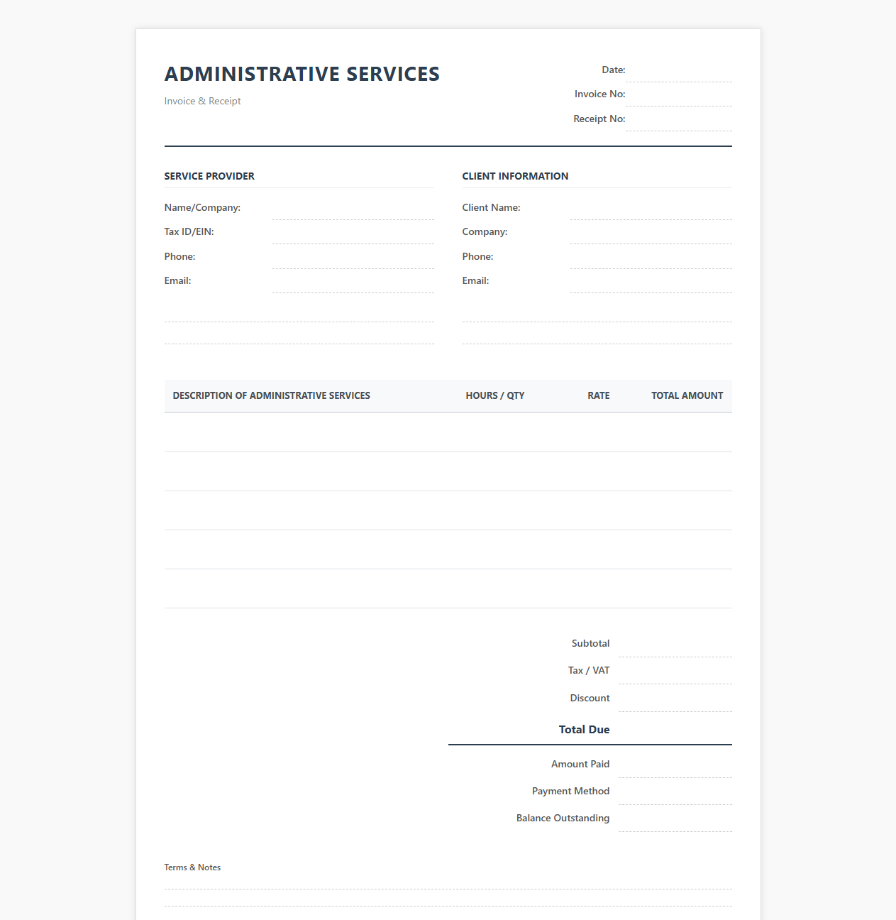 Administrative Services Invoice and Receipt Template
