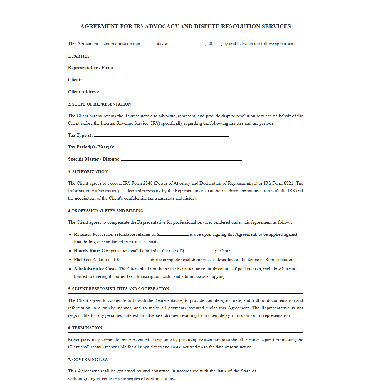 Agreement for IRS Advocacy and Dispute Resolution Services