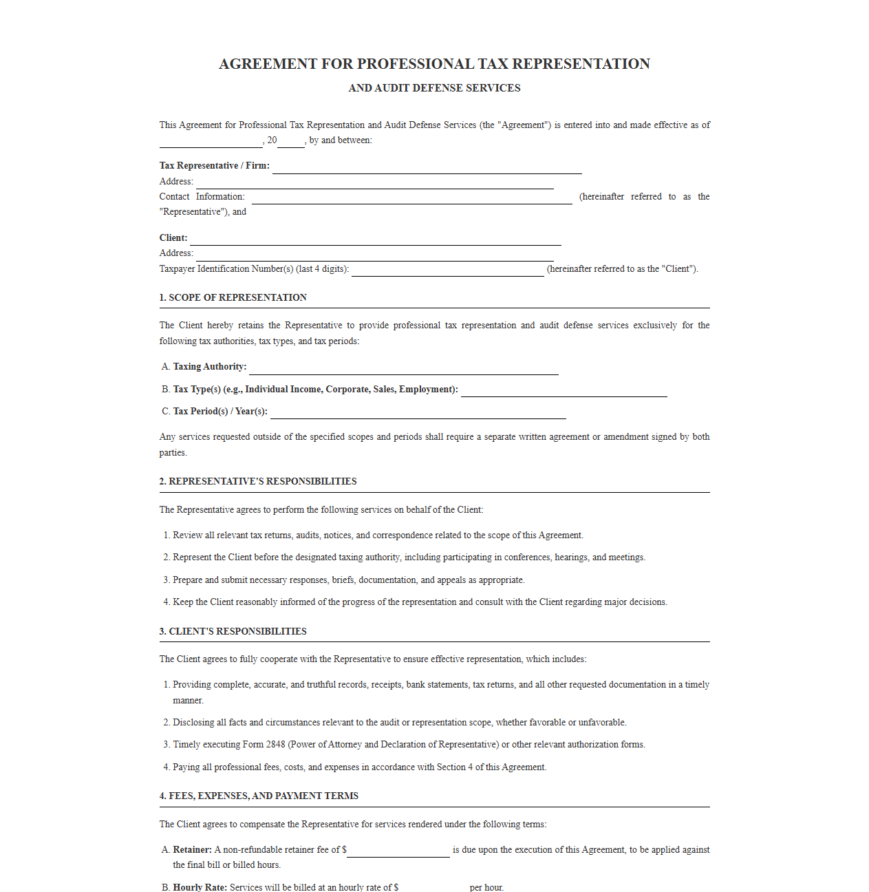 Agreement for Professional Tax Representation and Audit Defense