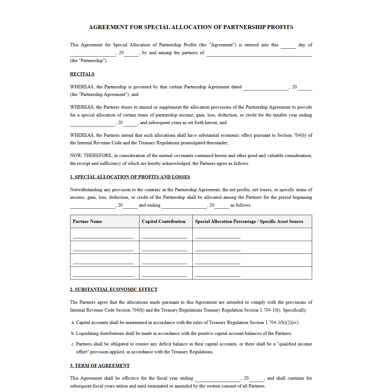 Agreement for Special Allocation of Partnership Profits
