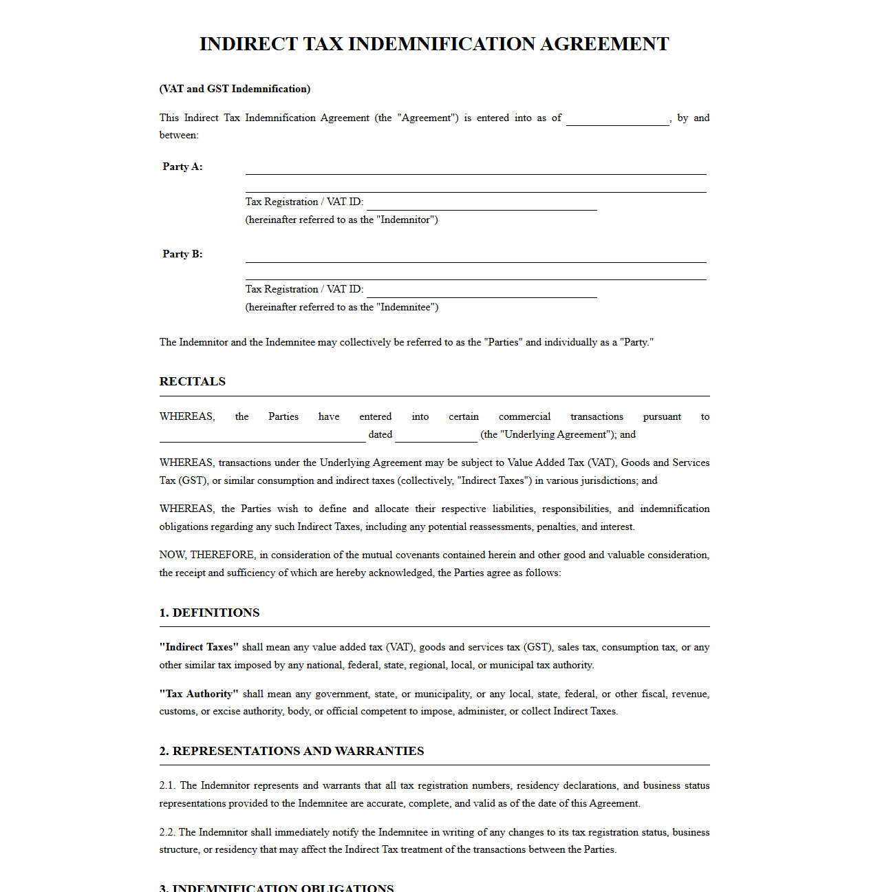 Agreement for VAT and GST Indemnification