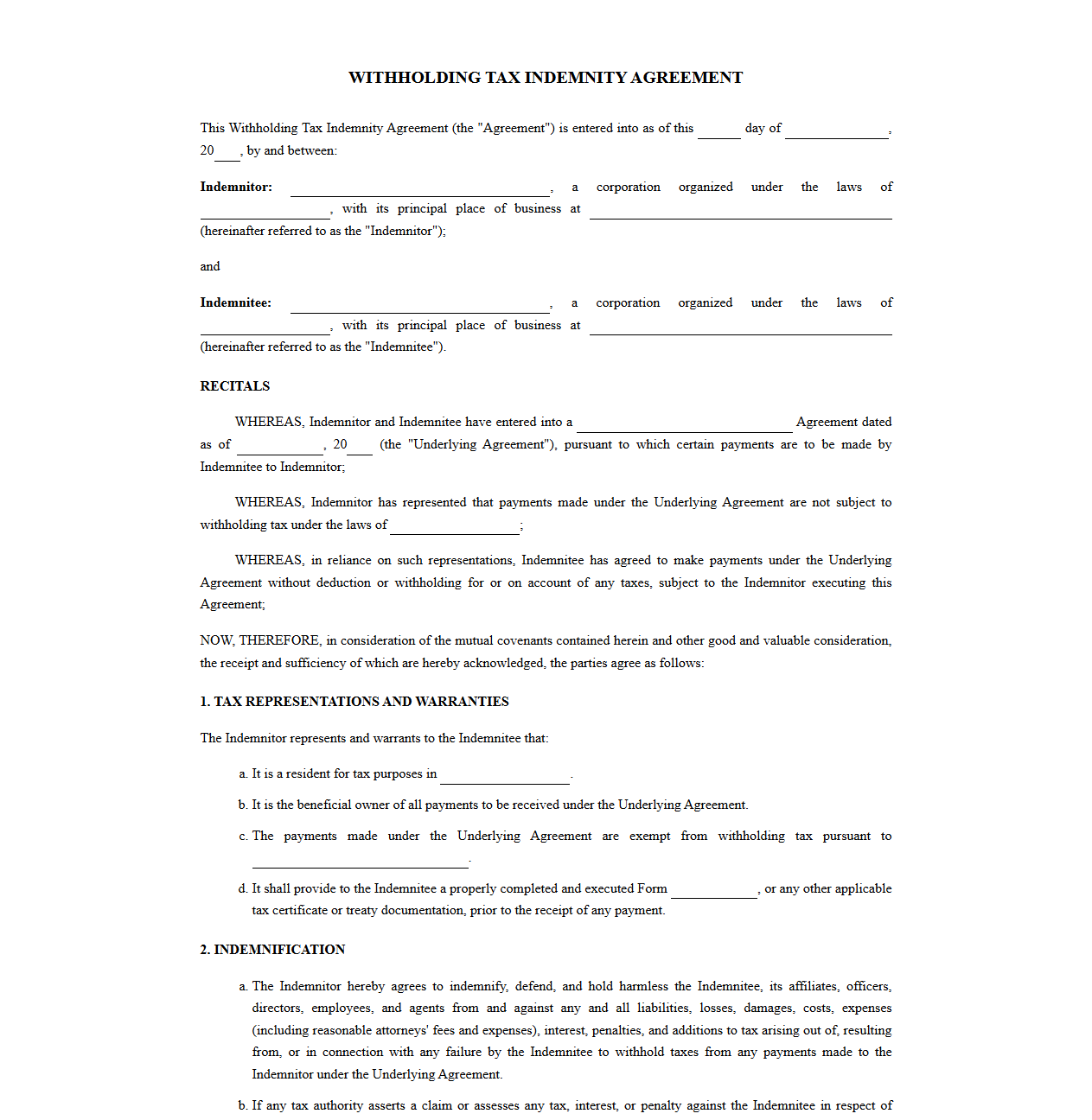 Agreement for Withholding Tax Indemnification