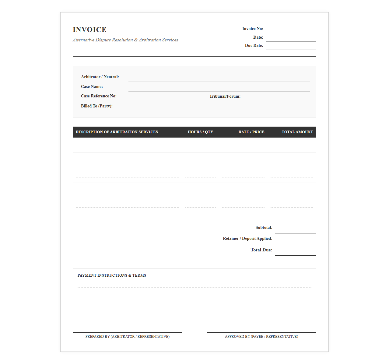 Alternative Dispute Resolution Billing Template
