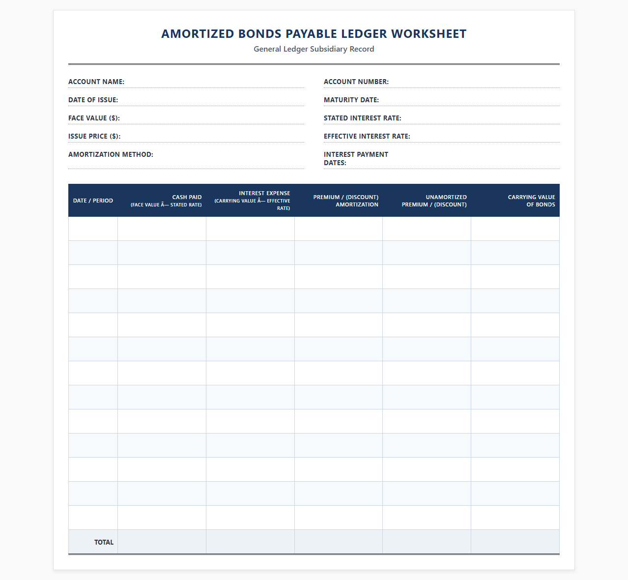 Amortized Bonds Payable Ledger Worksheet