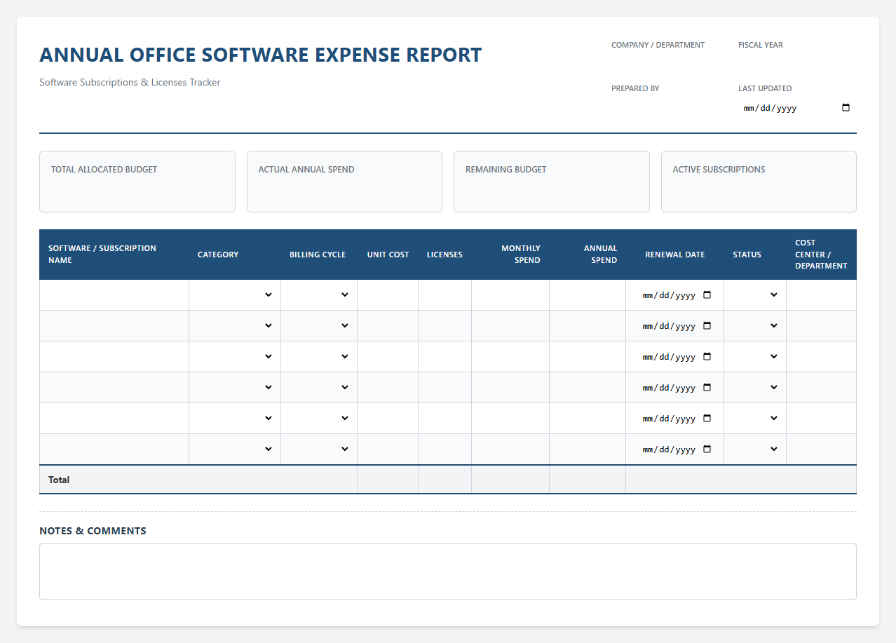 Annual Office Software Expense Report Spreadsheet