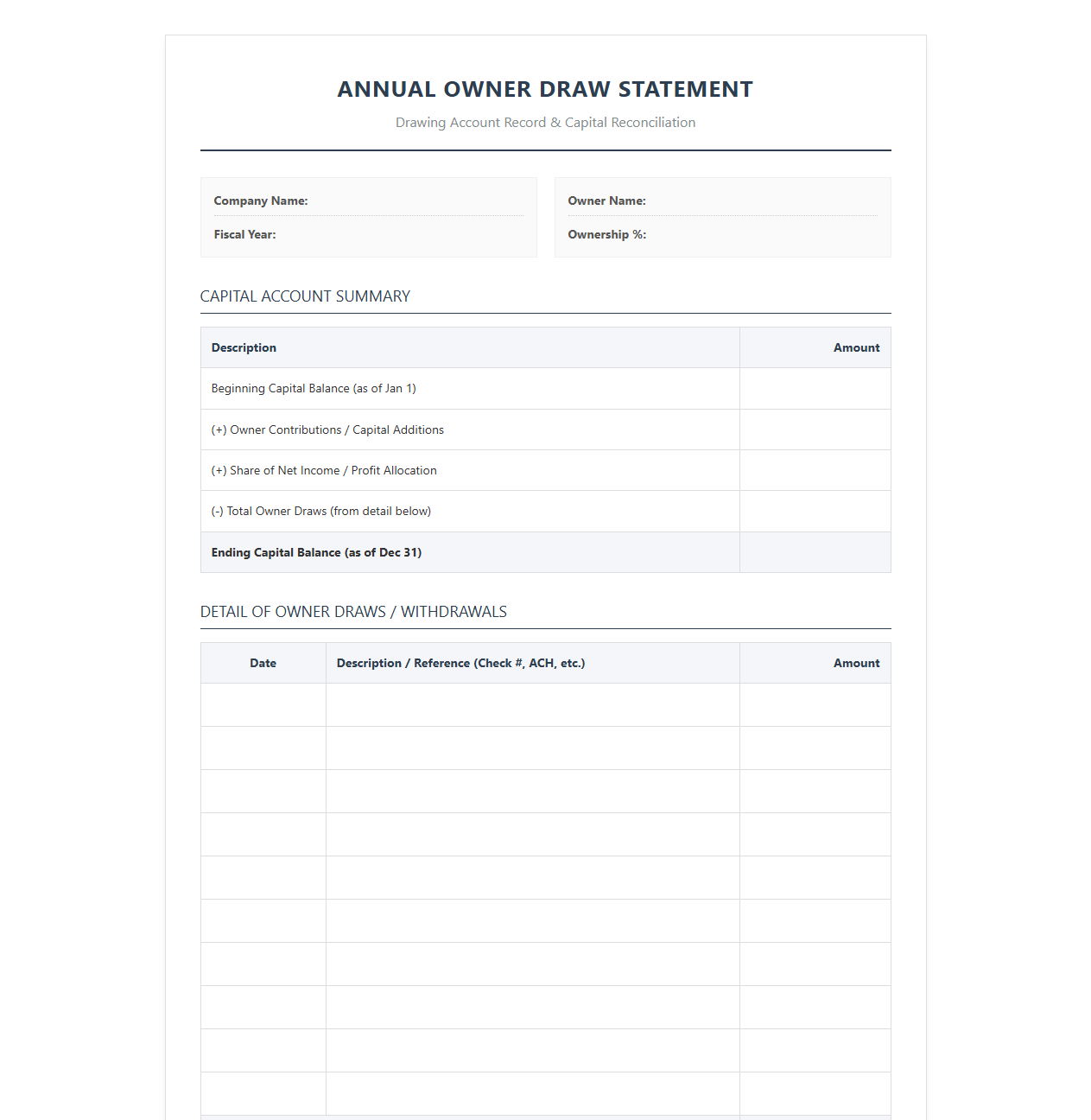 Annual Owner Draw Statement Template
