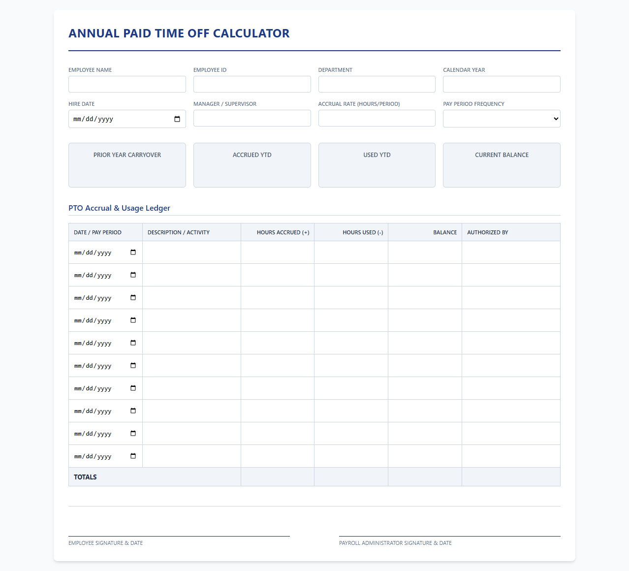 Annual Paid Time Off Calculator for Payroll