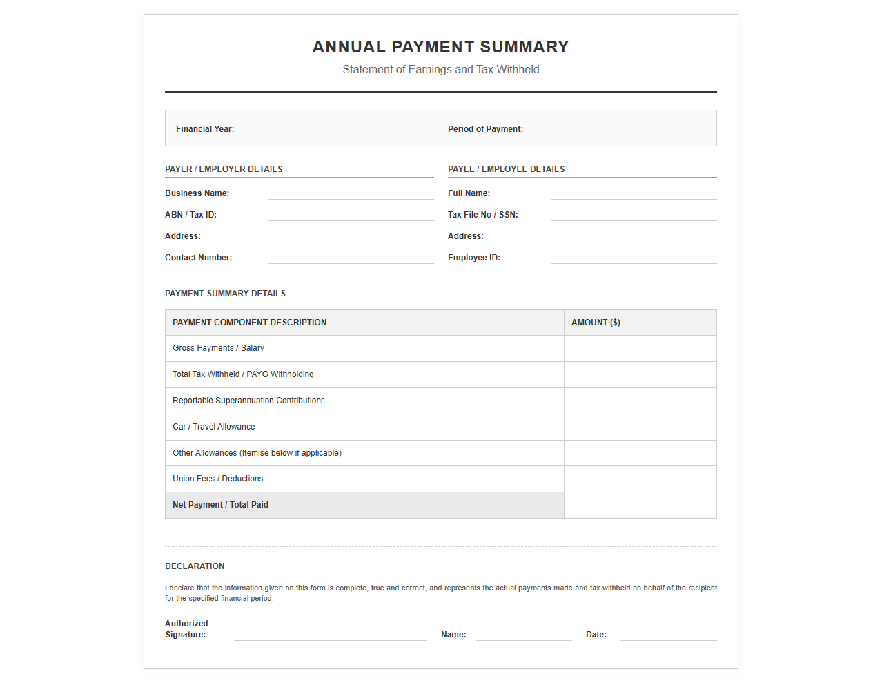 Annual Payment Summary Statement Layout