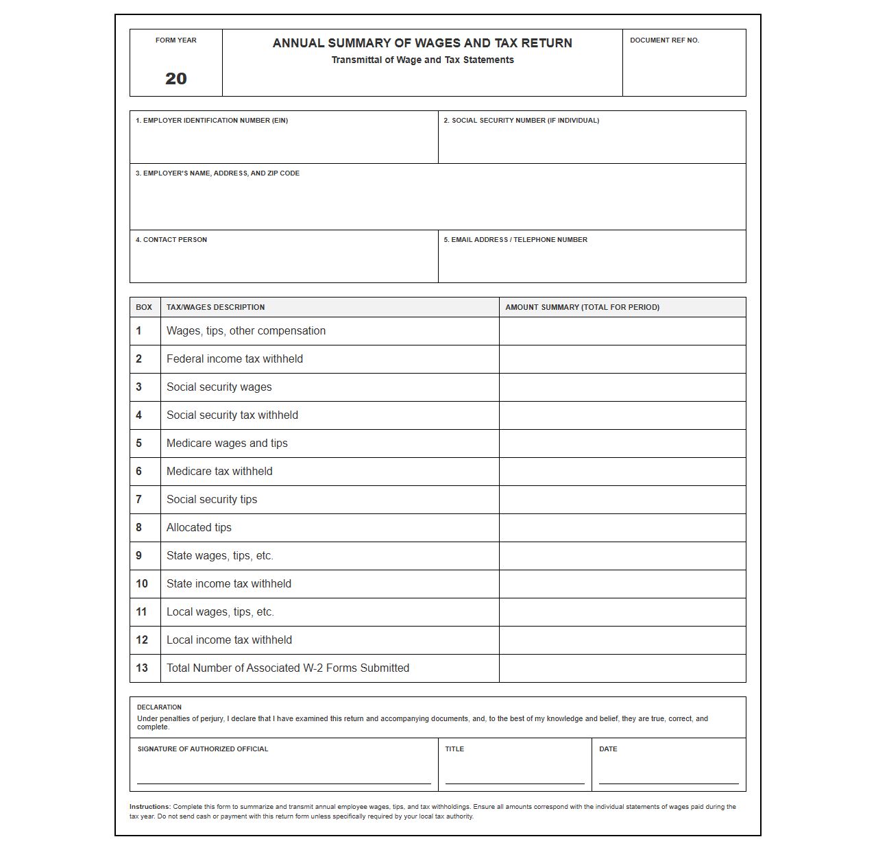 Annual Payroll and Tax Summary Return Sheet