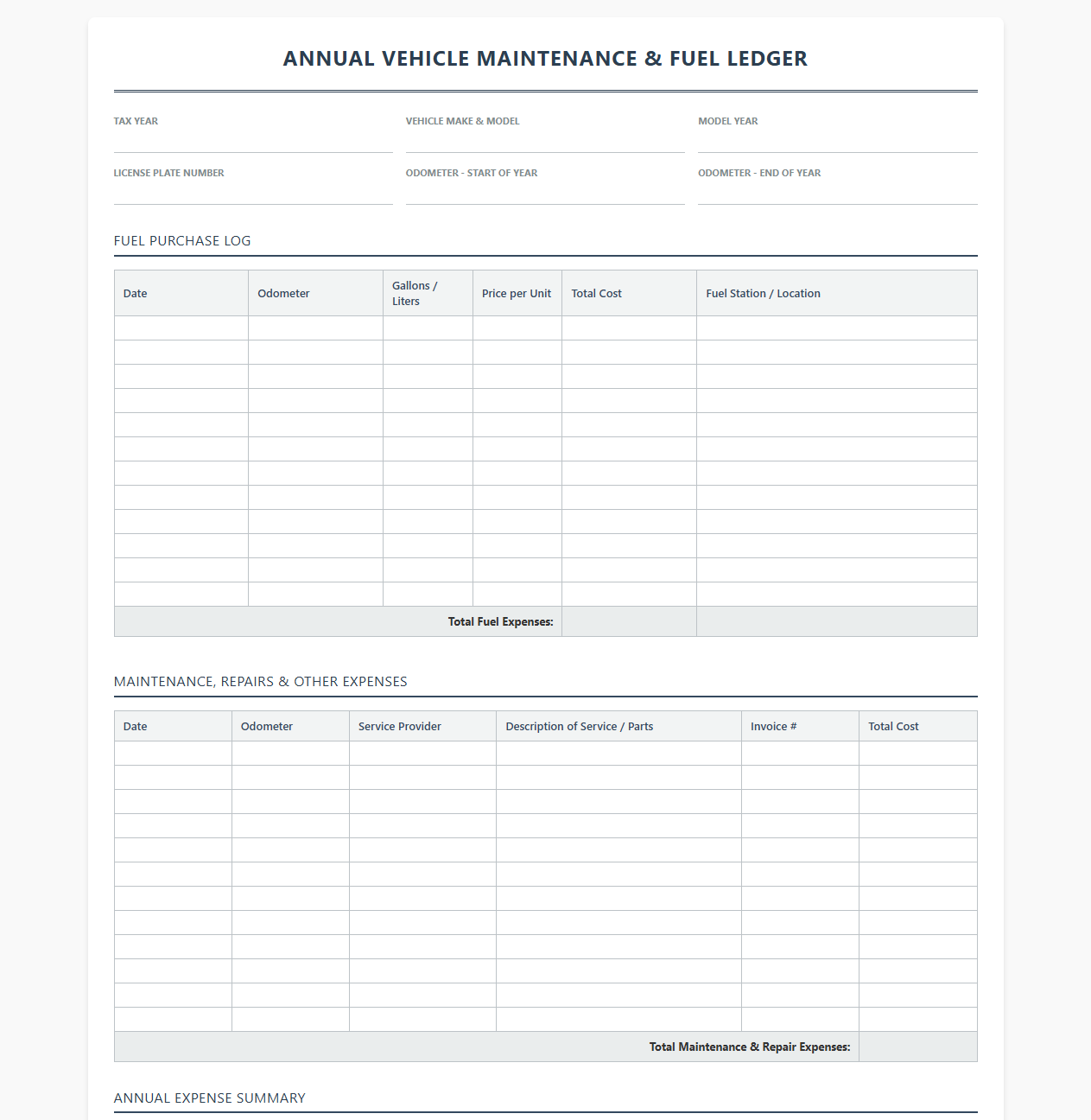 Annual Vehicle Maintenance and Fuel Ledger