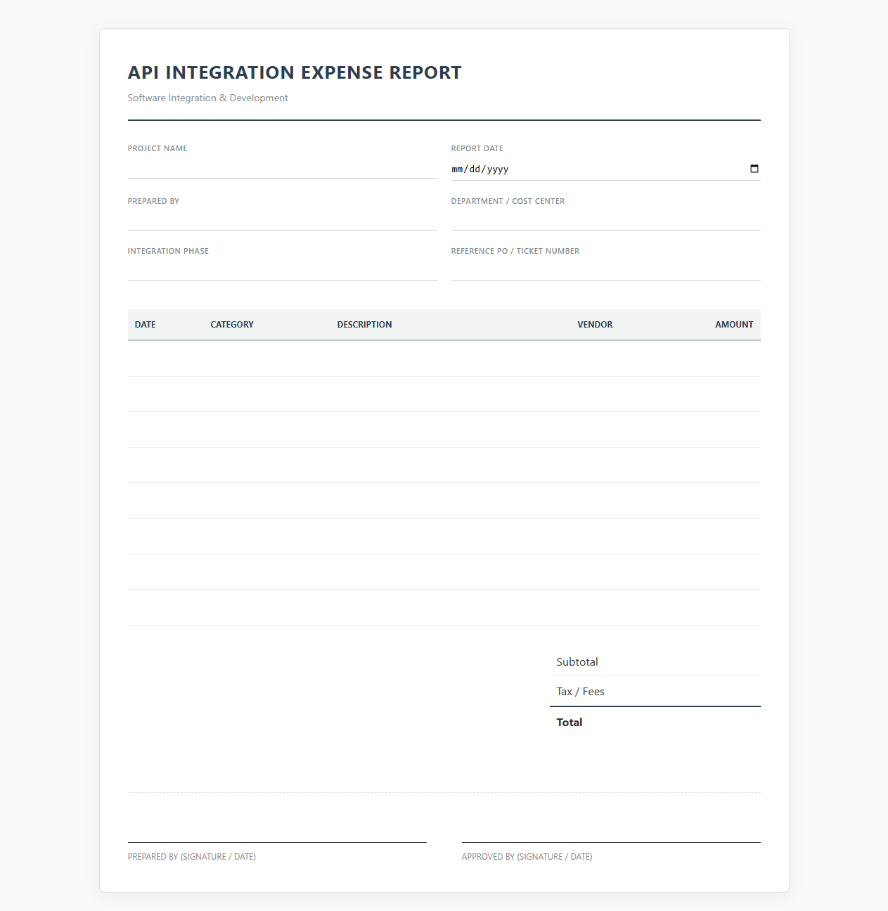 API Integration Expense Report Template
