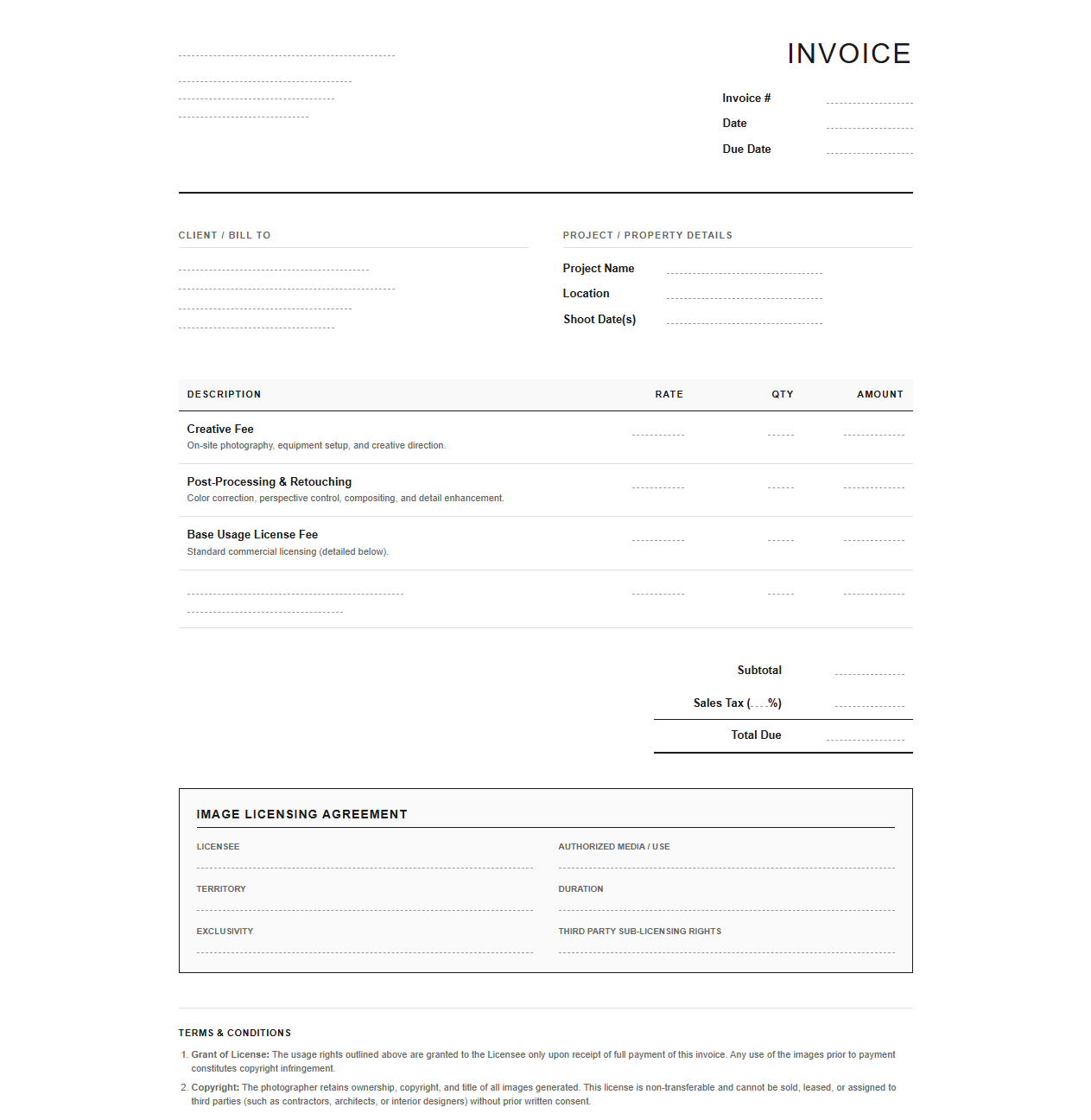 Architectural Photography Invoice with Licensing