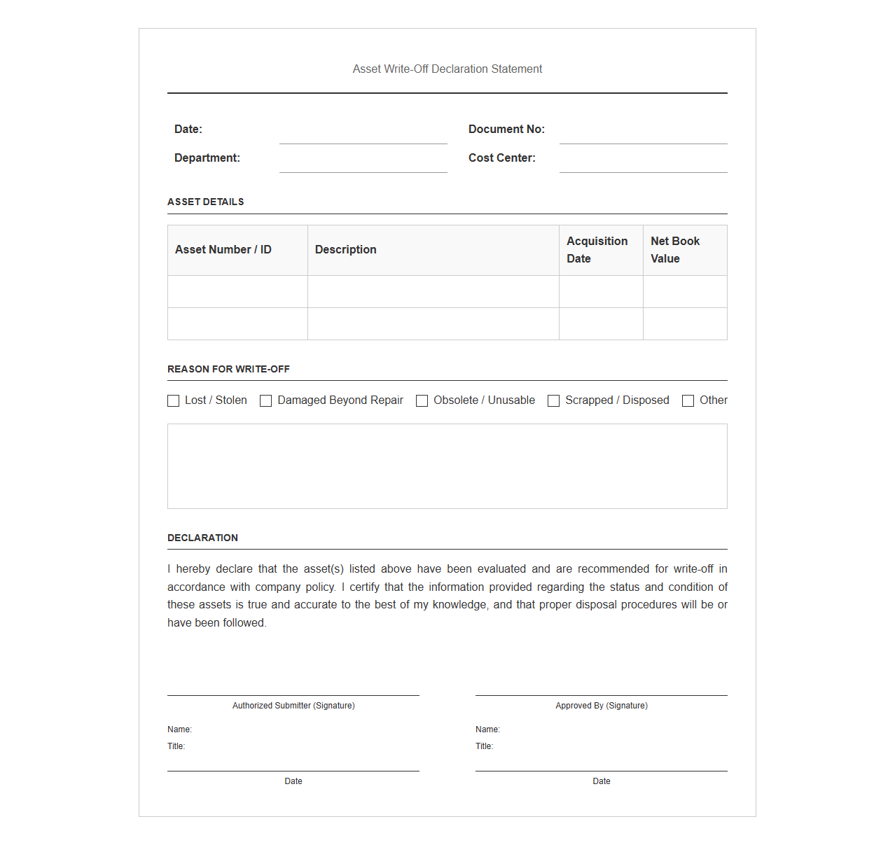 Asset Write-Off Declaration Statement
