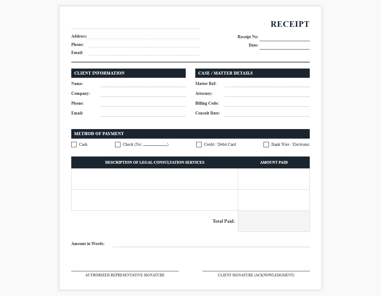 Attorney Consultation Fee Payment Receipt Template