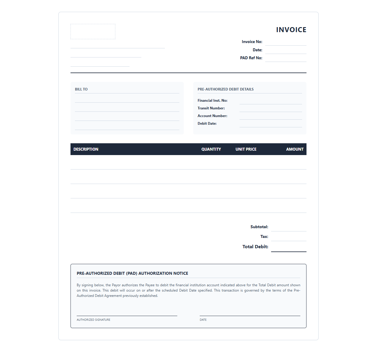 Automated Pre-Authorized Debit Service Invoice