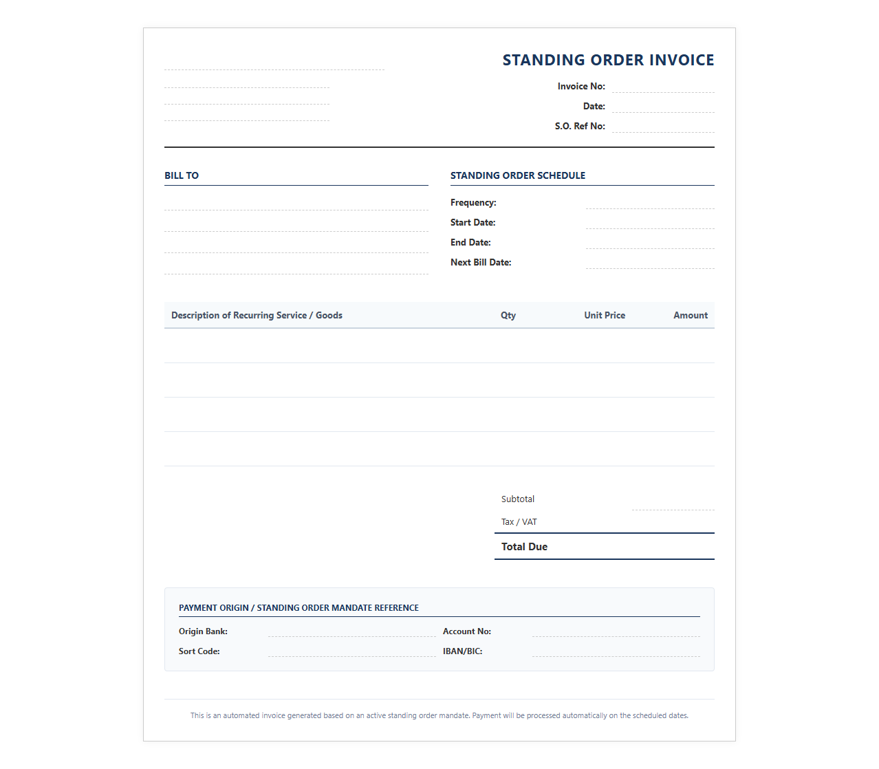 Automated Standing Order Invoice Sheet