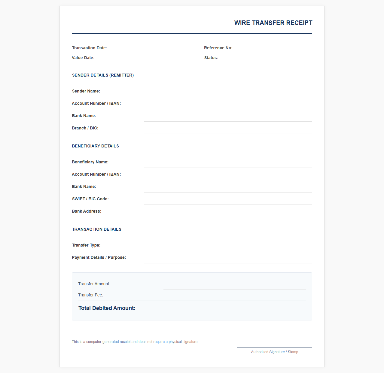 Bank Transfer Receipt Template