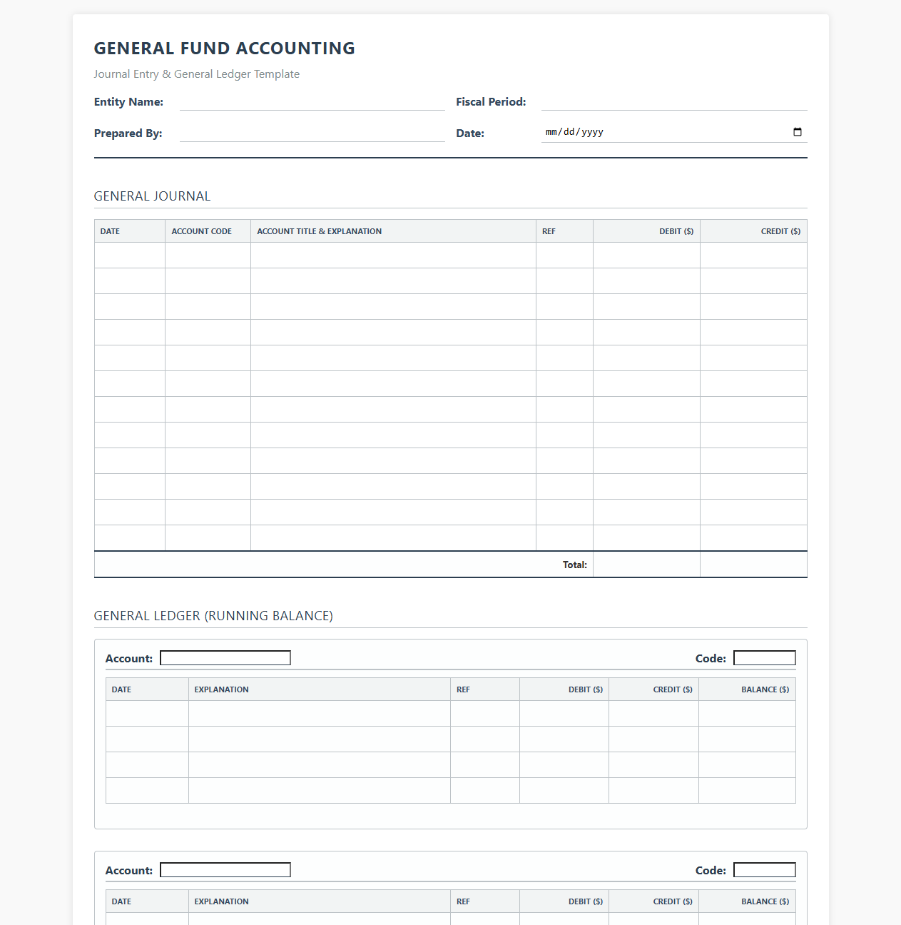 Basic General Fund Ledger and Journal Entry Template