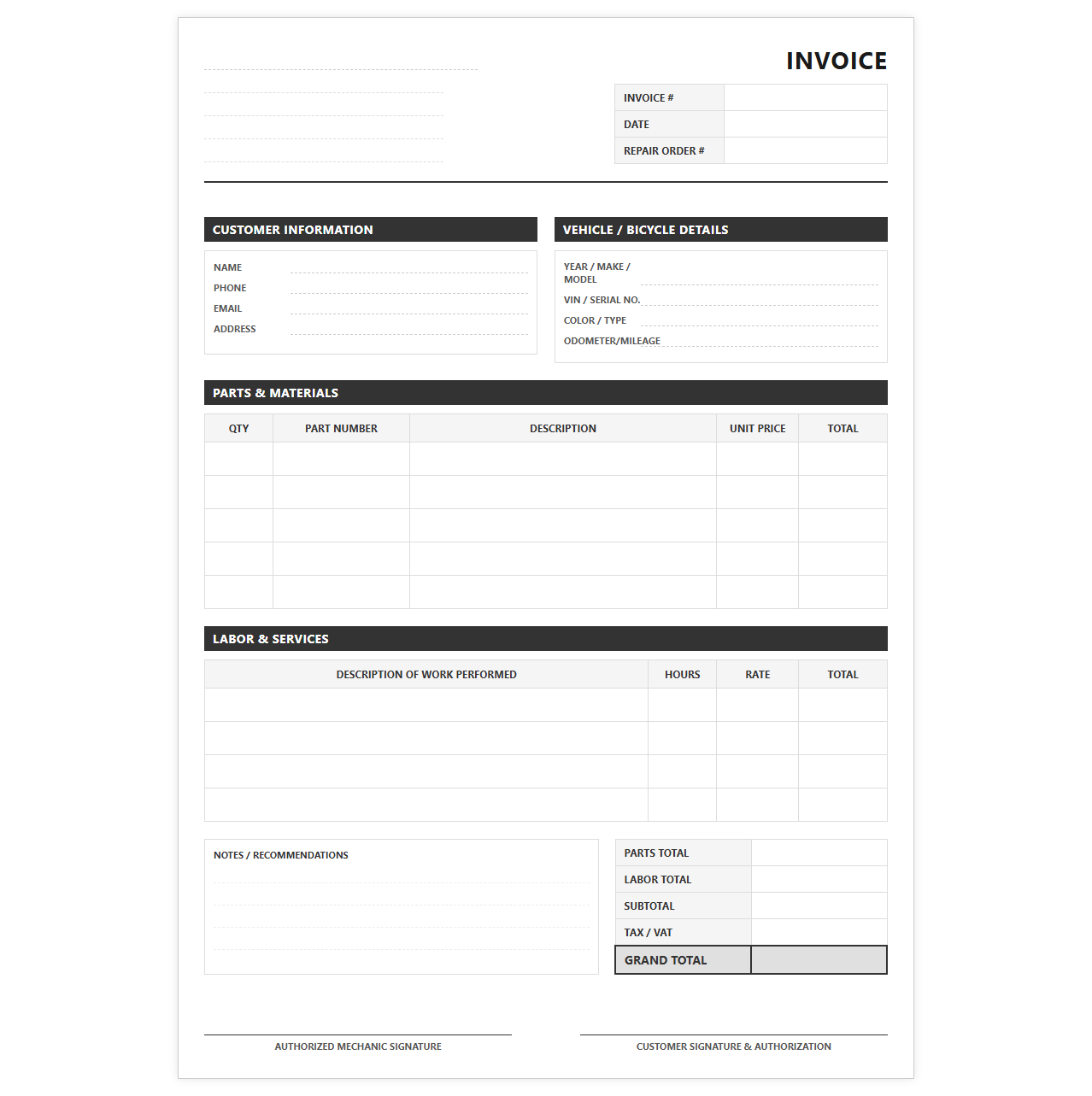 Bicycle and Vehicle Repair Invoice Template