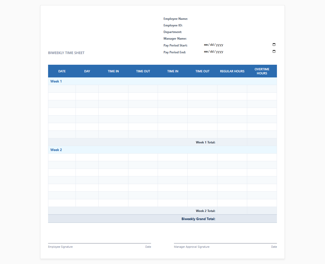 Biweekly Employee Time Sheet Template
