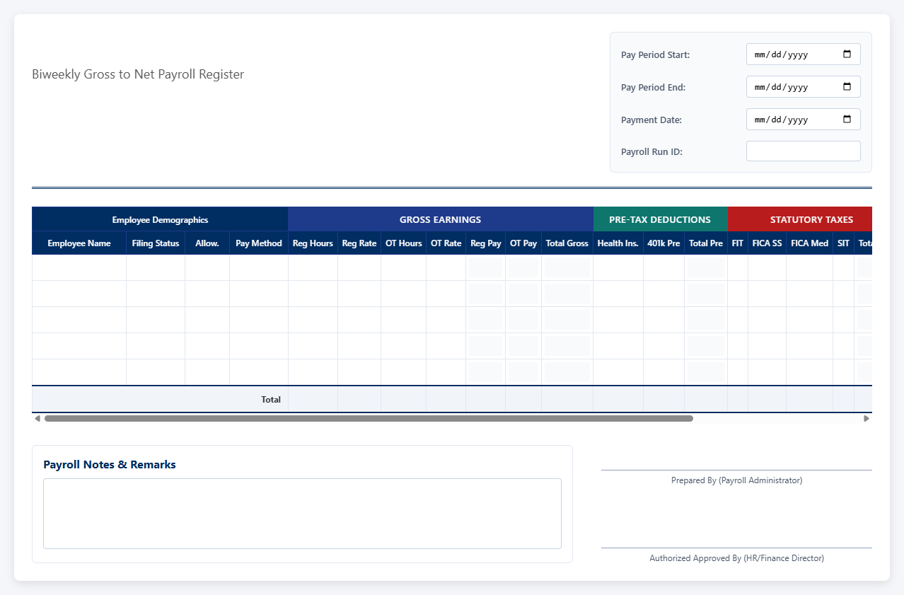 Biweekly Gross to Net Payroll Spreadsheet