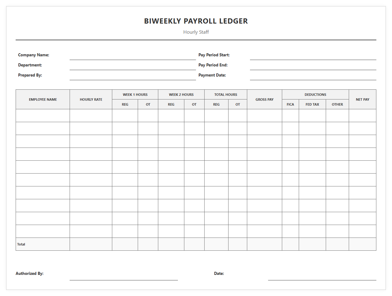 Biweekly Payroll Ledger for Hourly Staff
