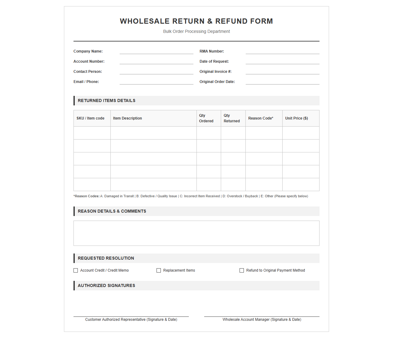Bulk Order Refund and Return Template