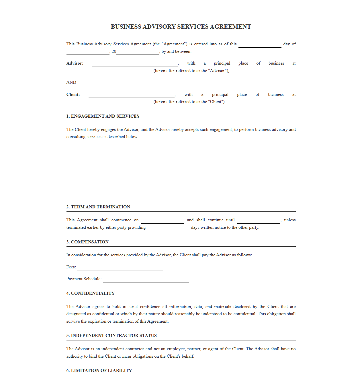 Business Advisory Services Agreement Template
