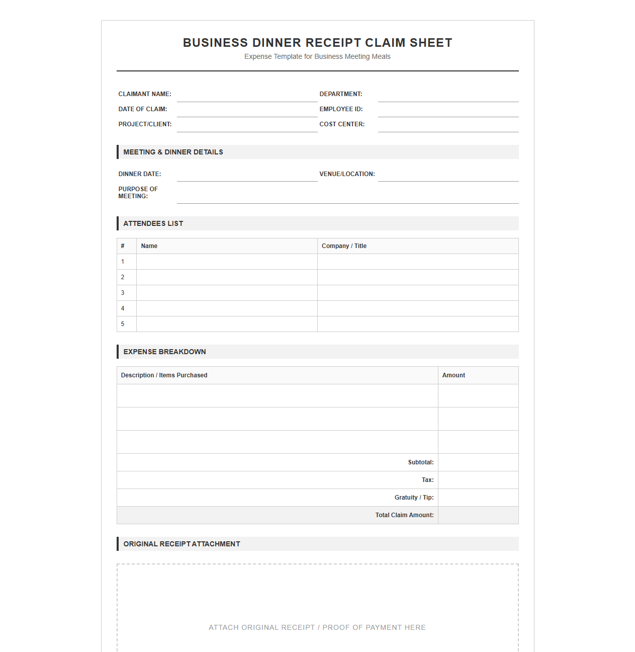 Business Dinner Receipt Claim Sheet