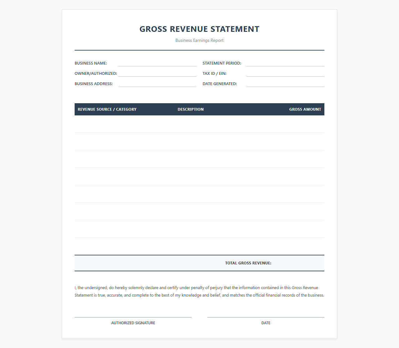 Business Gross Revenue Statement Template
