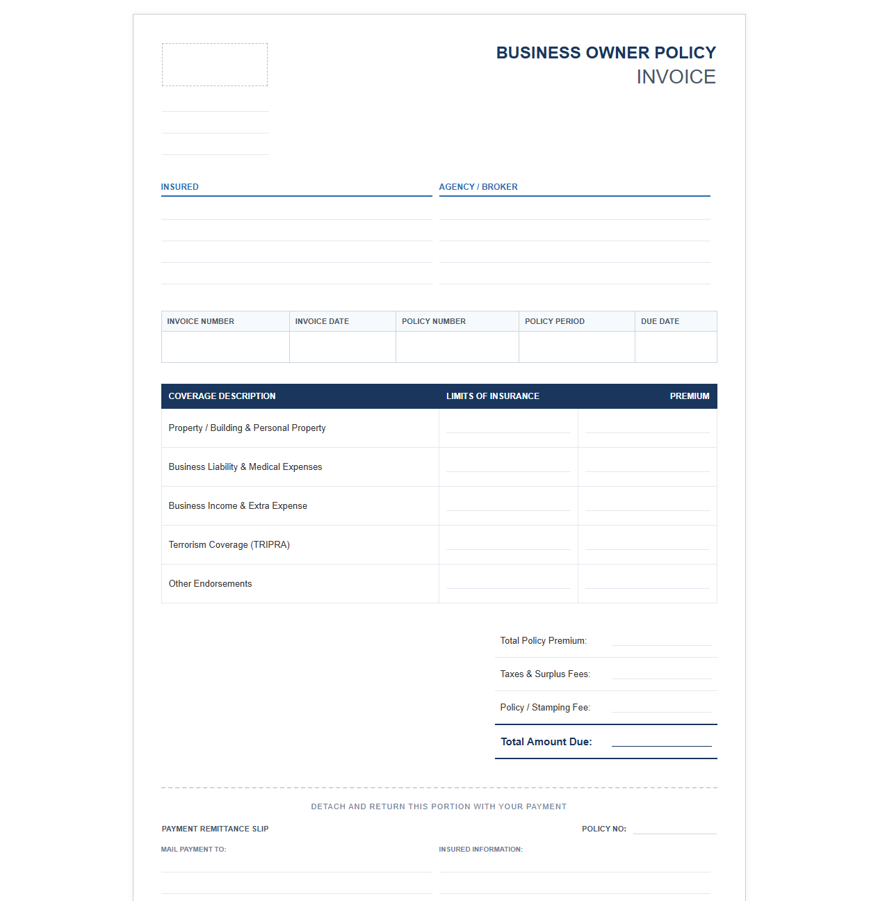Business Owner Policy Insurance Invoice