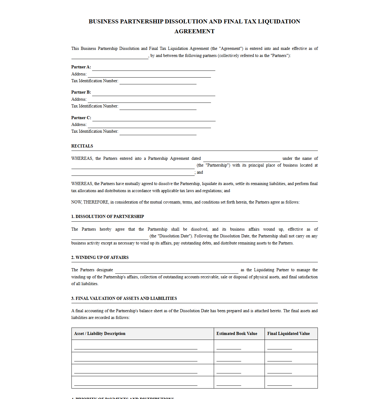 Business Partnership Dissolution and Final Tax Liquidation Agreement
