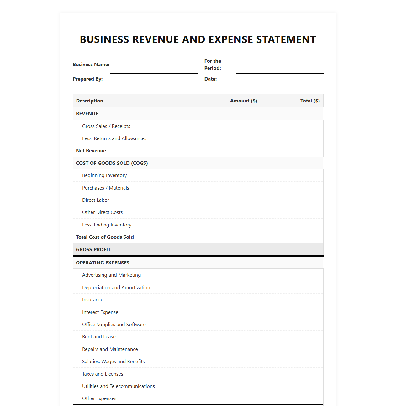 Business Revenue and Expense Statement Template