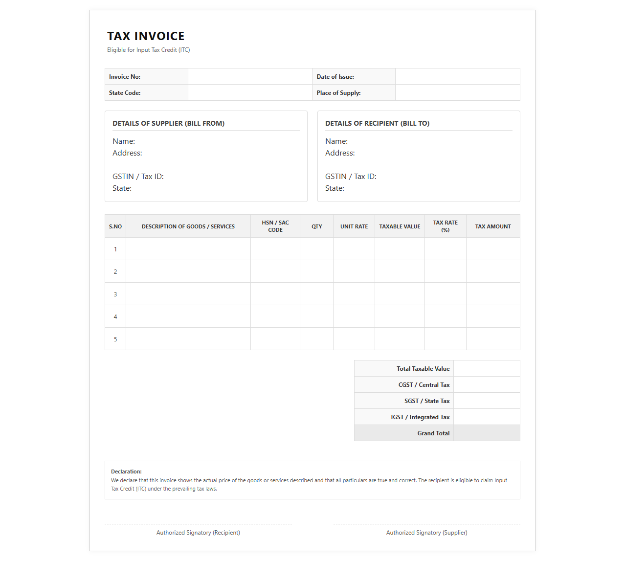 Business Tax Invoice for Input Credit Recovery