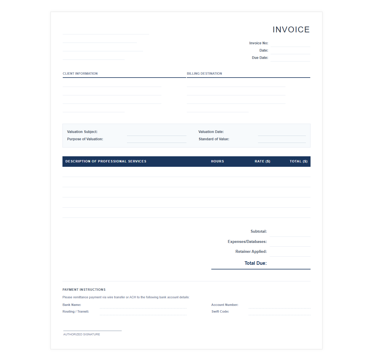 Business Valuation Professional Billing Template