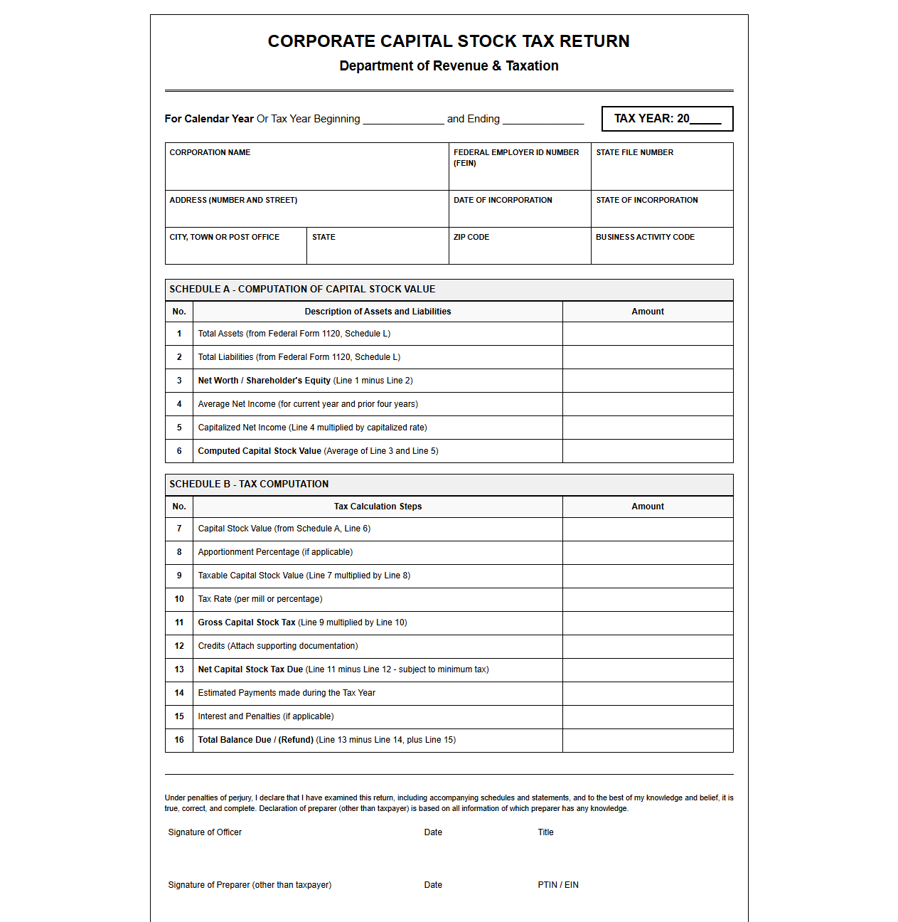 Capital Stock Tax Filing Template for Corporations