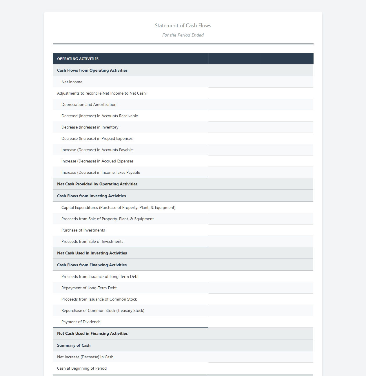 Cash Flow Statement Excel Template