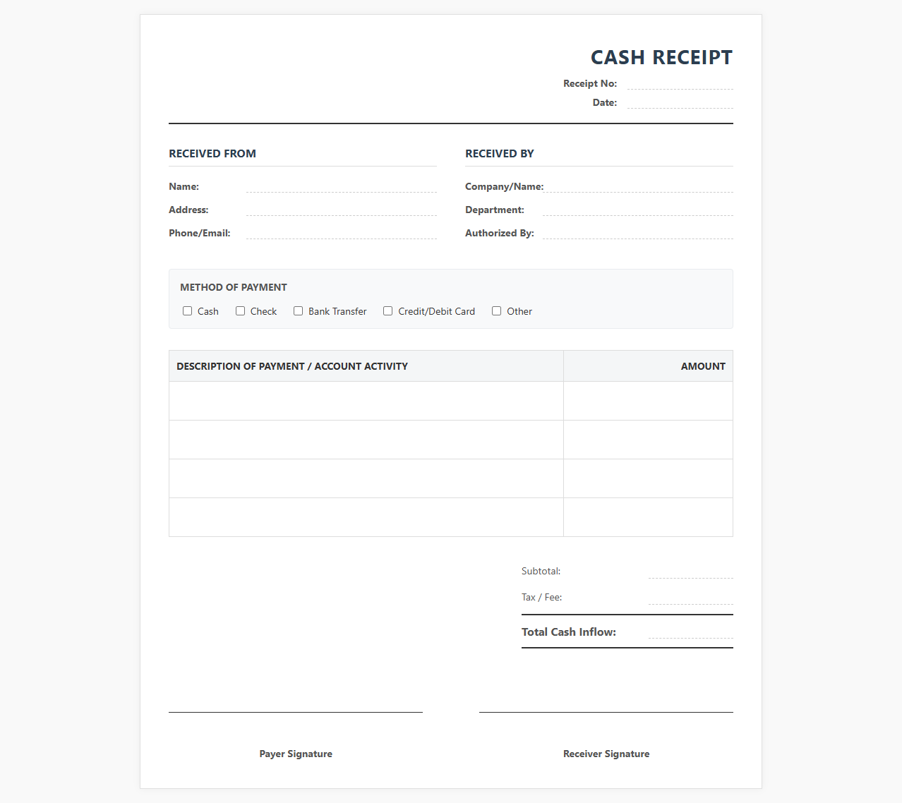 Cash Receipt Statement Template