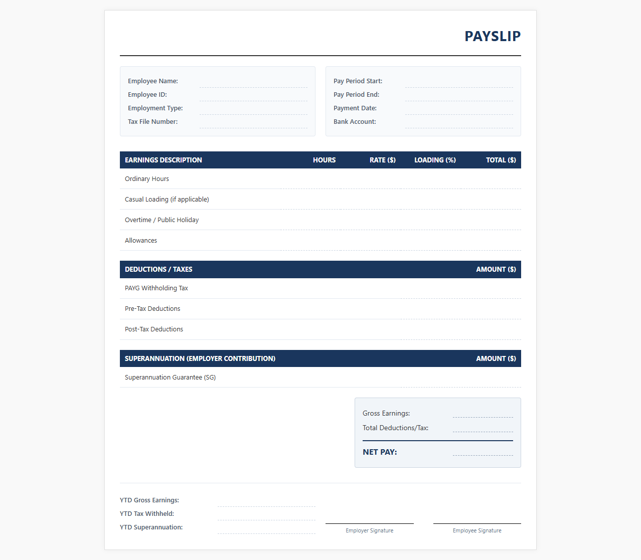 Casual Employee and Part-Time Payroll Payslip Template