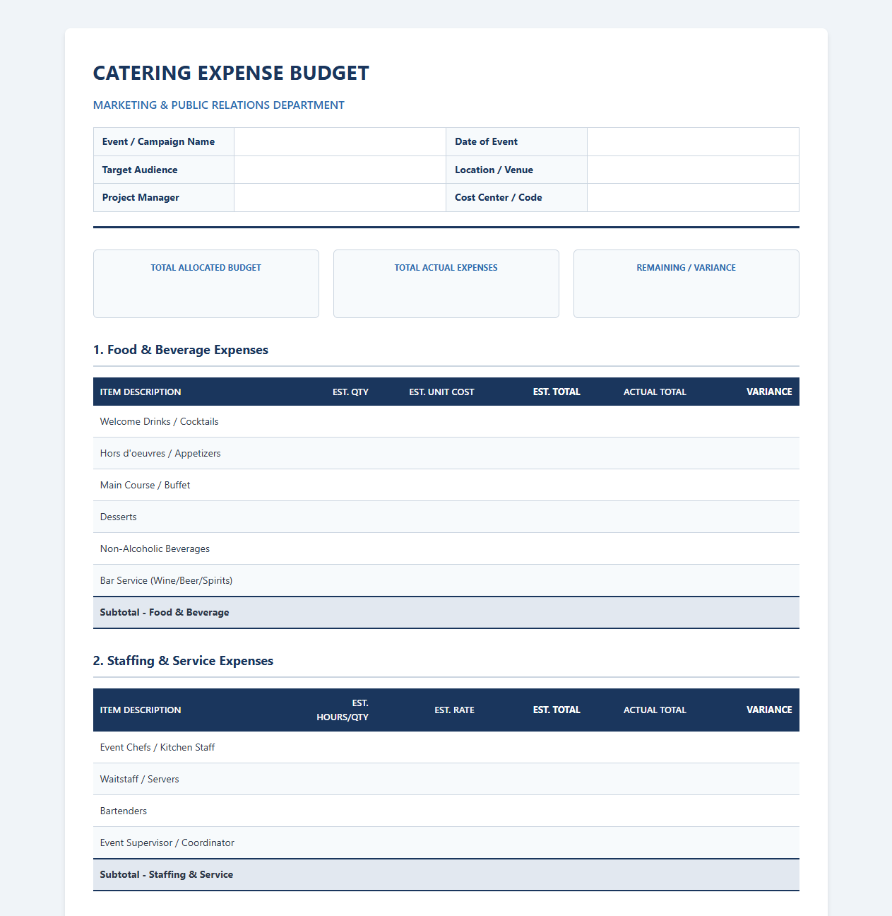Catering Expense Budget for Marketing and Public Relations