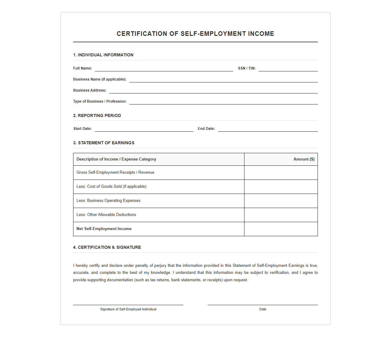 Certification of Self-Employment Income