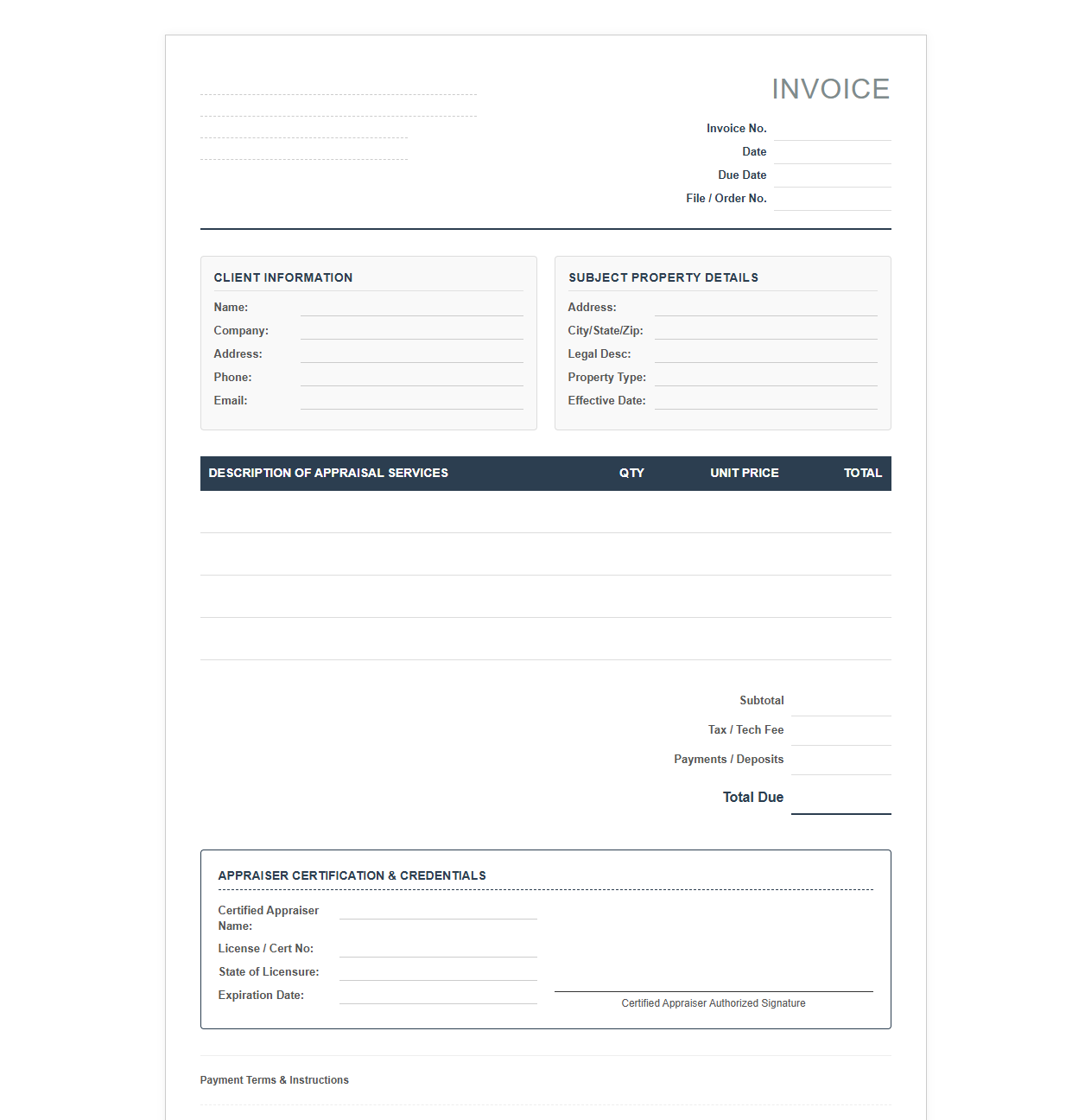 Certified Appraiser Invoice Template