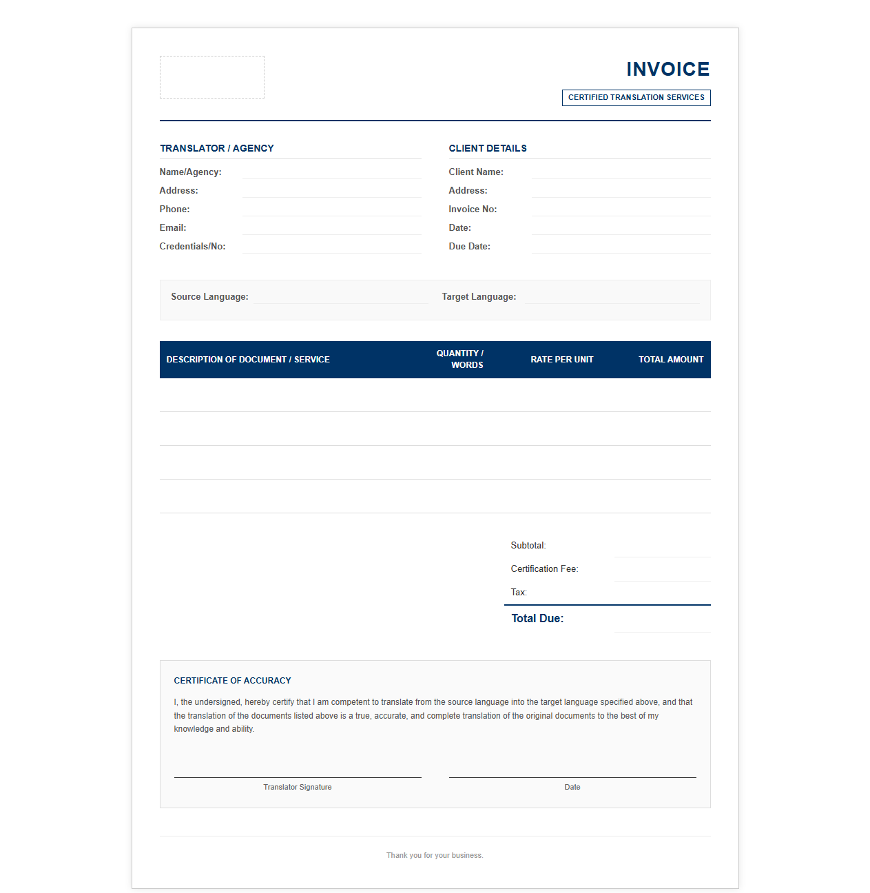 Certified Translation Service Invoice Form