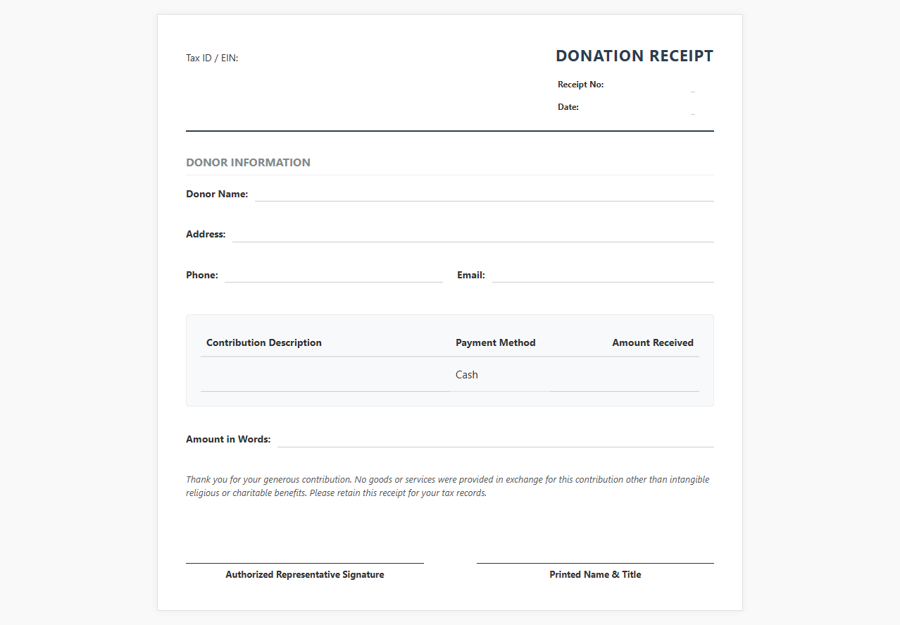 Charitable Cash Donation Receipt